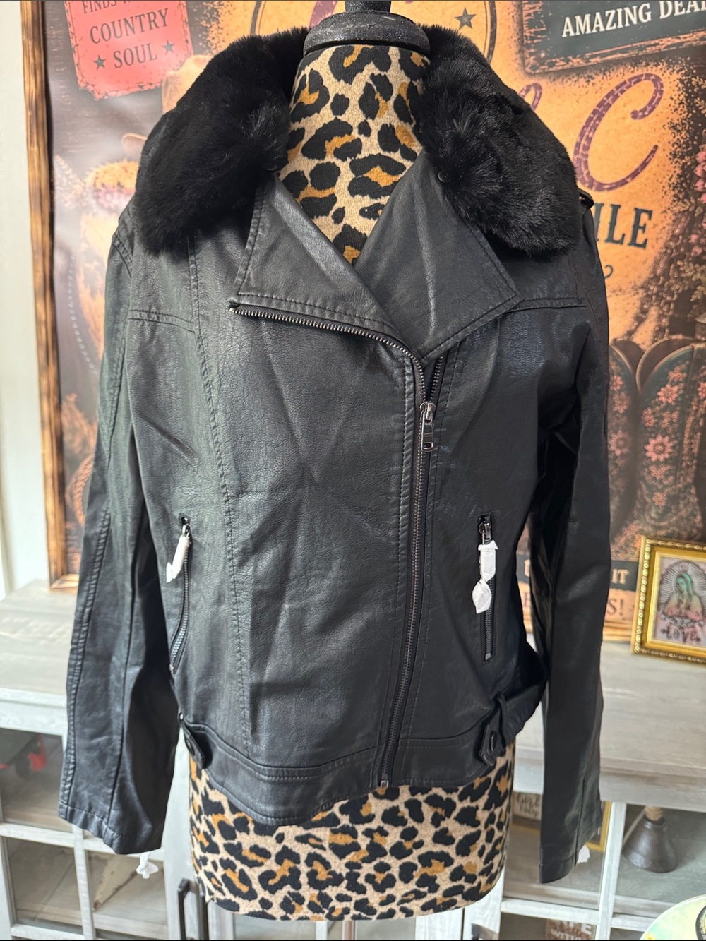NWT LA Coalition Black Faux Leather Jacket w/Faux Fur Collar - Sz XL